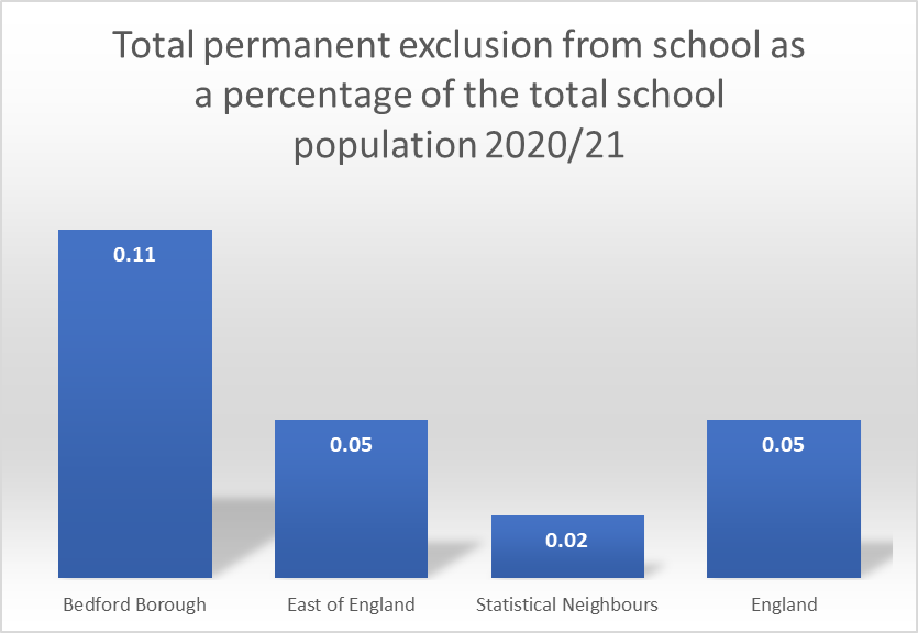 A chart which shows the total permanent exclusion from school as a percentage of the total school population 2020/21