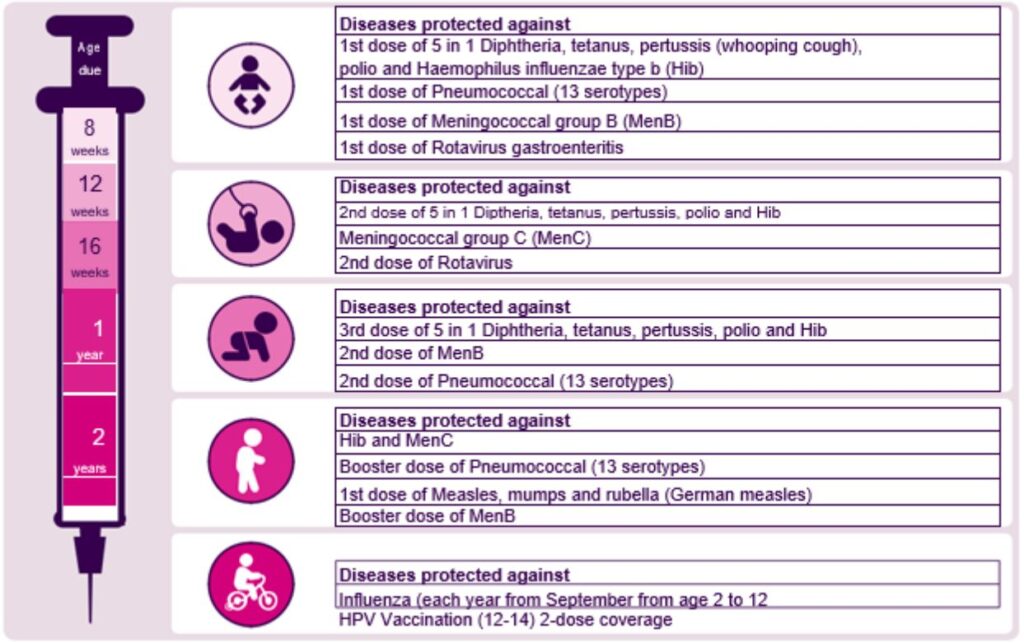 An infographic image for the vaccination programme for children and young people which has five sections. Section one states the diseases protected against for those who are eight weeks old which includes 1st dose of 5 in 1 Diphtheria, tetanus, pertussis (whooping cough), polio and Haemophilus influenzae type b (hib), 1st dose of Pneumococcal (13 serotypes), 1st dose of meningococcal group B (MenB) and 1st of Rotavirus gastroenteritis. Section two states the diseases protected against for those who are twelve weeks old which includes 2nd dose of 5 in 1 Diphtheria, tetanus, pertussis, polio and Hib. Meningococcal group C (MenC). 2nd dose of rotavirus. Section three states the diseases protected against for those who are sixteen weeks old which includes 3rd dose of 5 in 1 Diphtheria, tetanus, pertussis, polio and Hib. 2nd dose of MenB. 2nd dose of Pneumococcal (13 serotypes). Section four states the diseases protected against for those aged one years old which includes Hib and MenC. Booster dose of Pneumococcal (13 serotypes). 1st dose of Measles, mumps and rubella (German measles). Booster dose of Men B. Section five states the diseases protected against for those starting at two years old which includes Influenza (each year from September from age 2 to 12. HPV Vaccination (12-14) 2-dose coverage.