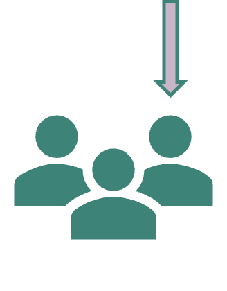 An image of three people with an arrow above their head.