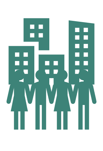 An image of four buildings with four people standing in front of the buildings.