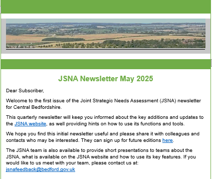 An image showing the first edition of the Central Bedfordshire JSNA newsletter.