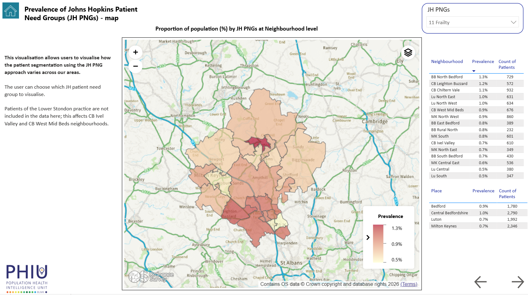 An example screenshot of the Neighbourhood Dashboard showing a map visualisation of frailty by neighbourhood. It is too small to make out details, intended for illustration only, the readable version is in the dashaboard.