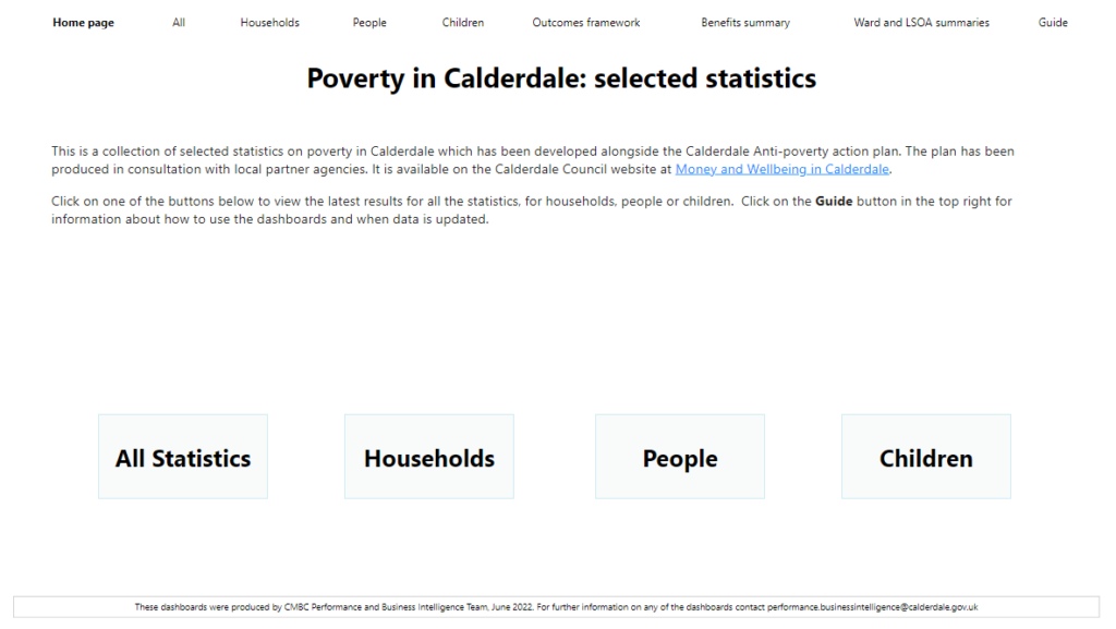 Calderdale Anti-Poverty dashboards home page