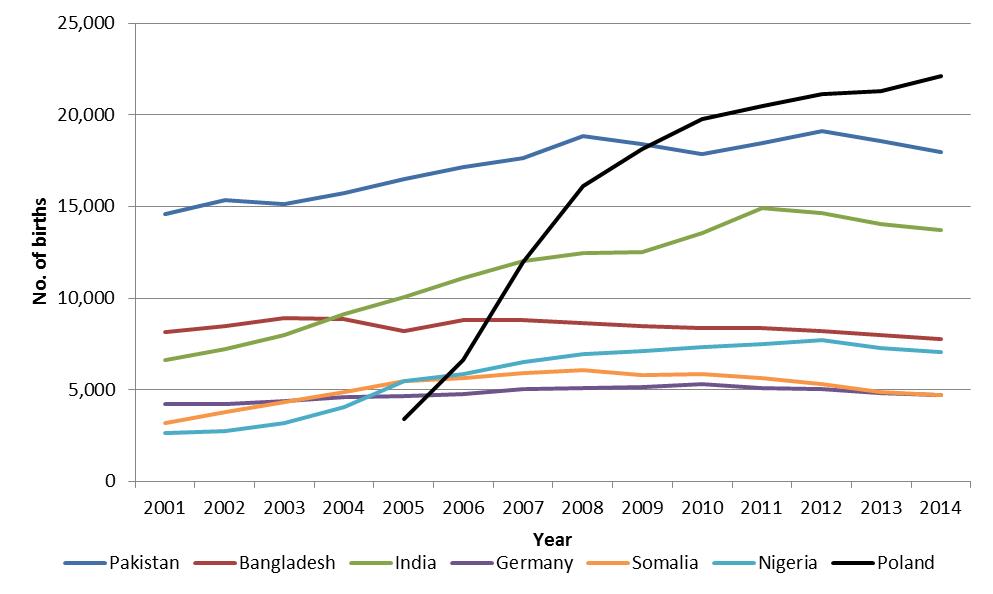 Top countries of birth for non-UK born mothers