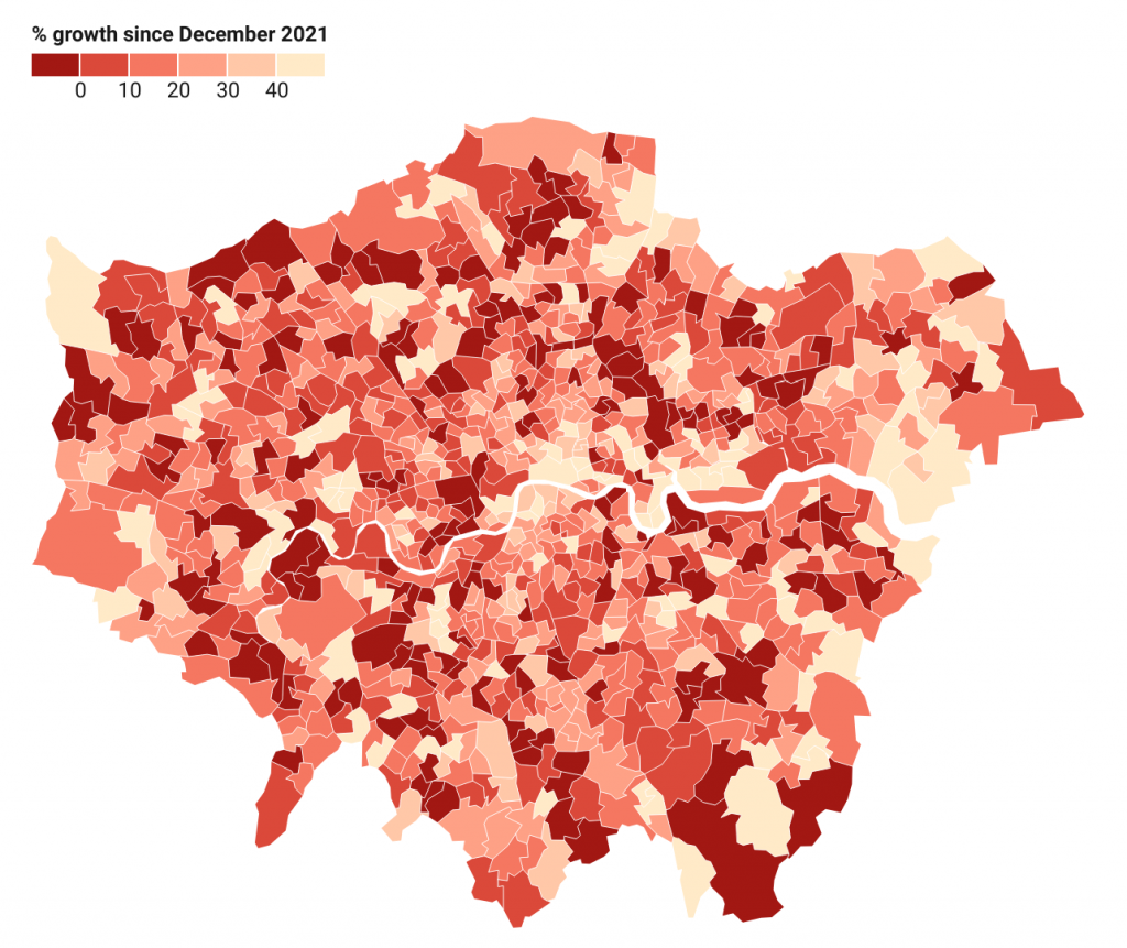 Map showing retail card spending real growth from December 2021 to March 2022