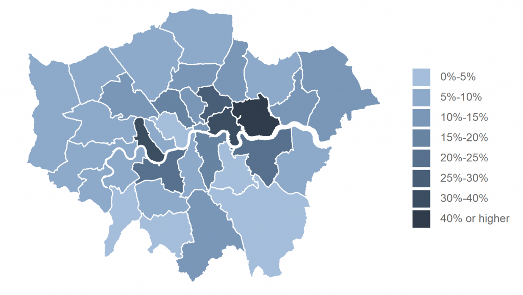 Projected total employment growth in London local authorities, 2019-2051