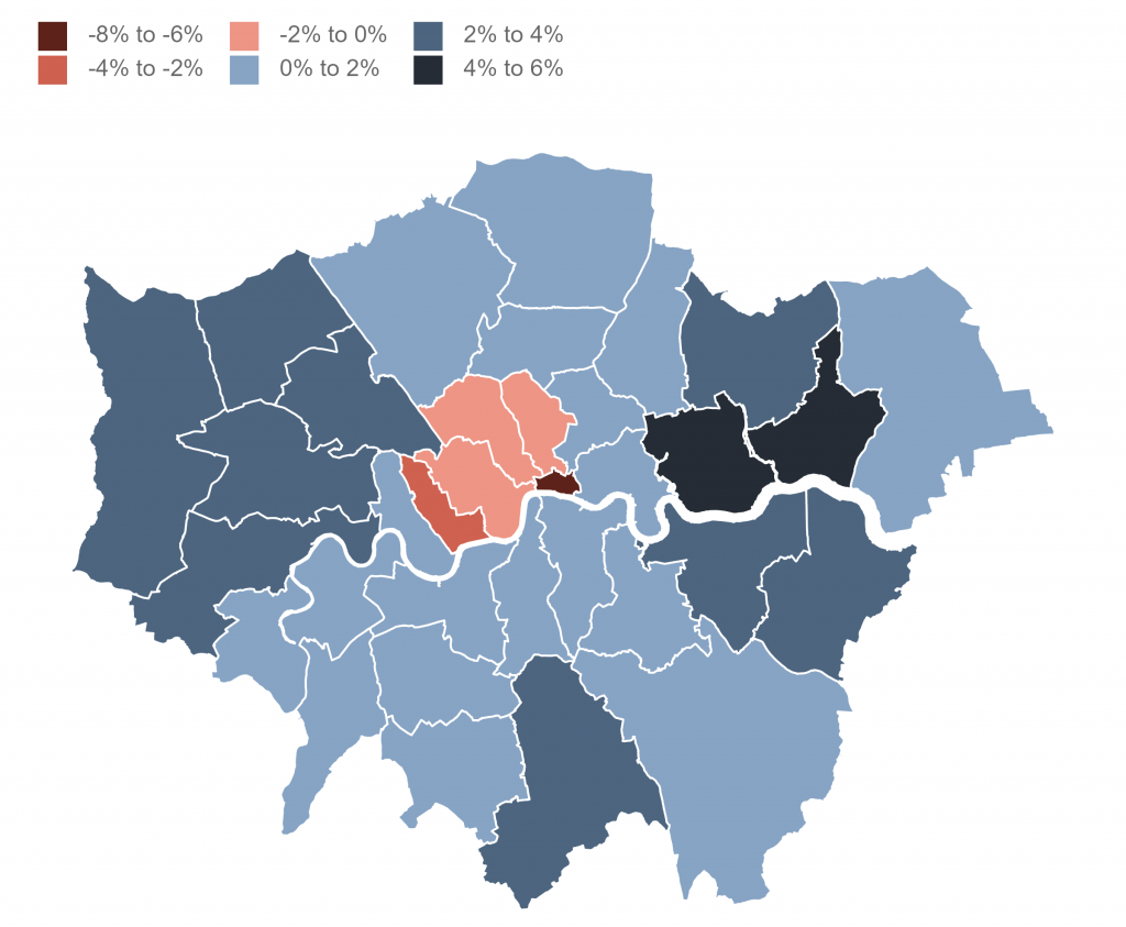 Map showing changes (%) in payrolled employees by London local authority, comparing August 2023 levels with the year earlier