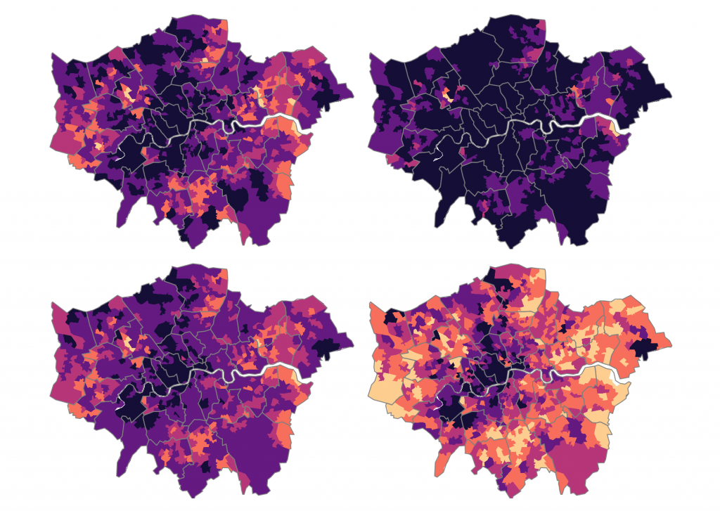 Cover image from Housing Research Note showing the proportion of renting households able to afford lower-quartile house prices across London's neighbhourhoods by ethnicity