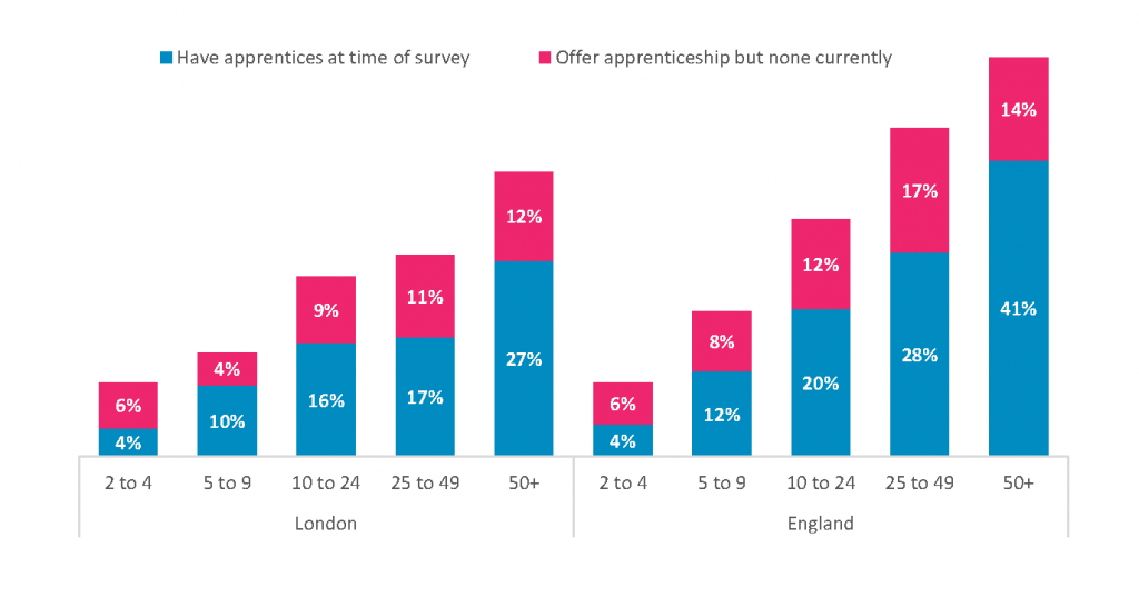 Proportion of establishments offering apprenticeships by size, 2022