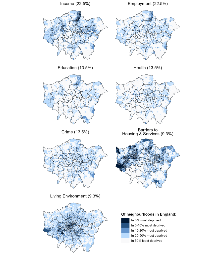 The seven domains of deprivation in London by neighbourhood, grouped by different levels of severity
