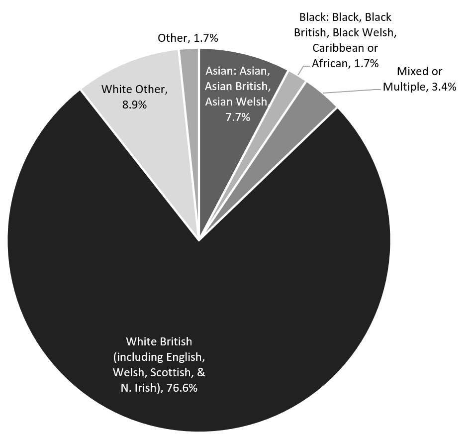 Pie chart of the prevalence of high-level ethnic groups in Surrey, 2021.