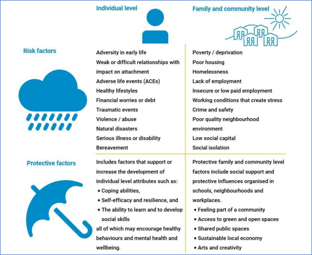 This figure shows Common risk and protective factors for mental wellbeing at individual and family/community level.