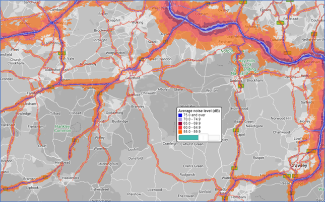 This figure maps the noise and air quality levels in Surrey. Areas near to main routes show the worst figures.