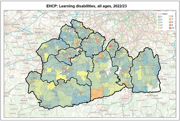 Map shows  pupil data grouped into deciles (1-10) to identify the largest population counts pupils with an EHCP where the primary need is learning difficulty. The highest counts of pupils  (8,9, 10) were seen in Epsom and Ewell, Woking, Elmbridge and Mole Valley