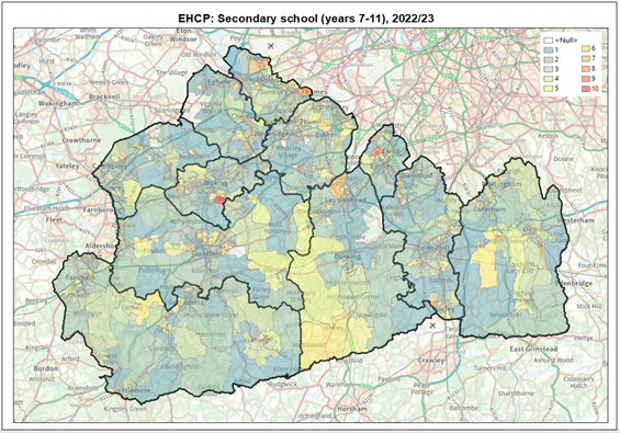 Map shows  pupil data grouped into deciles (1-10) to identify the largest population counts for secondary school children  with an EHCP where the primary need is learning difficulty. The highest counts of pupils (deciles 9 and 10) were seen in Epsom and Ewell, and Woking.