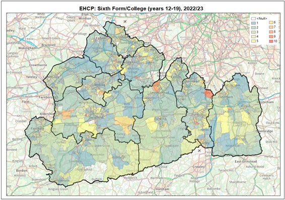 Map shows  pupil data grouped into deciles (1-10) to identify the largest population counts for sixth form or college school children  with an EHCP where the primary need is learning difficulty. The highest counts of pupils (deciles 9 and 10) were seen in Reigate and Banstead, Mole Valley and Guildford