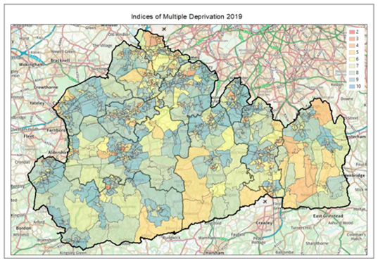 Map showing the indices of multiple deprivation across Surrey. The majority LSOAs in Surrey are in in the least deprived deciles 8, 9 and 10. There are no Surrey LSOAs in decile 1 of the overall Index of Multiple Deprivation, and just four (0.6% of areas) in decile 2. These are parts of Westborough and Stoke wards (in Guildford), Hooley, Merstham and Netherne ward (Reigate & Banstead) and Canalside ward (Woking).