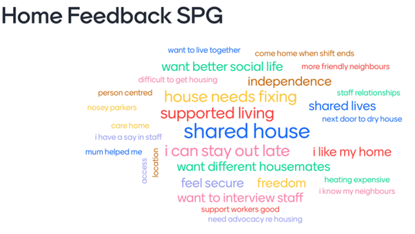 Word cloud shows feedback received from the Surrey People's group around home, the largest words were the most commonly reported and these included: needs fixing, shared house, supported living, I can stay out late, house needs fixing