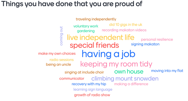 Word cloud shows feedback received from the Surrey People's group around things you have done that you are proud of, the largest words were the most commonly reported and these included: having a job, living an independent life, special friends, keeping my room tidy