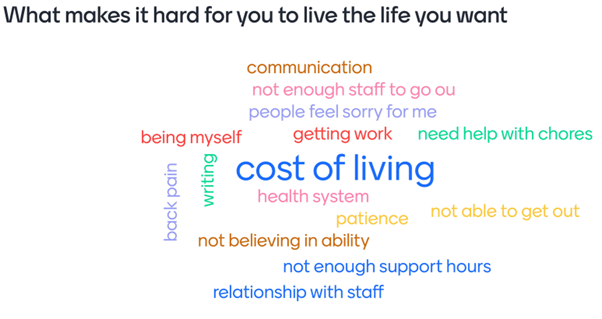 Word cloud shows feedback received from the Surrey People's group around what makes it hard to live the life you want, the largest words were the most commonly reported and these included: cost of living, health, getting work, being myself 