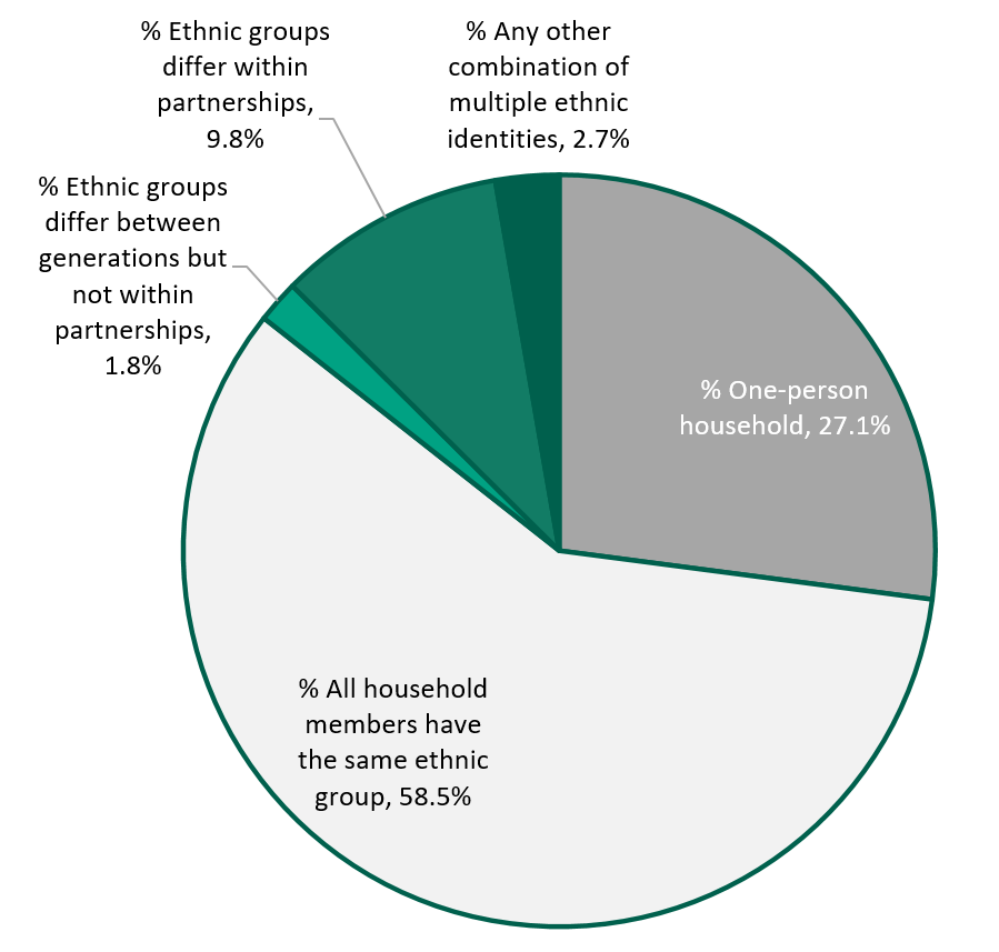 Pie chart of the prevalence of combinations of ethnic groups in all households in Surrey. 