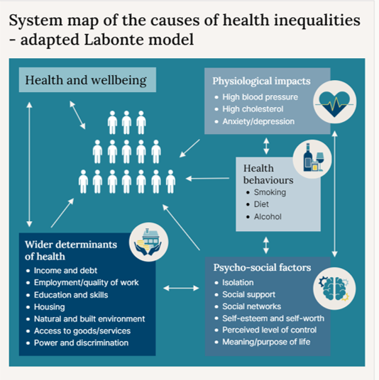 Figure to shows a system map of the causes of health inequalities. This is summarised on the NICE webpage: https://www.nice.org.uk/about/what-we-do/nice-and-health-inequalities