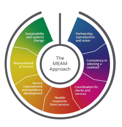 The seven principles of the MEAM approach are Partnership, coproduction and vision, Consistency in selecting a caseload, coordination for clients and service, flexible responses from services, service improvement and workforce development, measurement of success, sustainability and systems change