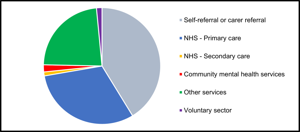 This pie chart shows the referral sources for Op Courage in the South East for 2023/24 It shows that most of the referrals came from either self referral/carer, Primary Care or Other services.