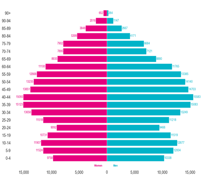 Population pyramid showing the population of North West Surrey place. North West Surrey place has a high population of 35-54 year olds, and a lower population of 15-29 year olds and 80+ year olds. North Surrey place has a higher male population in ages 0-24 and 40-64 but a higher female population in ages 25-39, and 65+.