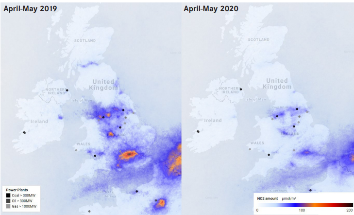 The image is a side-by-side comparison of nitrogen dioxide (NO₂) pollution levels over the United Kingdom and Ireland during two time periods: April–May 2019 (left map) and April–May 2020 (right map). Each map uses a colour gradient to represent NO₂ concentrations, ranging from white (0 µmol/m²) to red (200 µmol/m²), with a colour scale legend located at the bottom right.
Left Map (2019): Shows higher NO₂ levels, especially in central England and parts of Wales, with orange and red areas indicating elevated pollution.
Right Map (2020): Displays significantly reduced NO₂ levels, with most areas in shades of blue, indicating lower pollution levels.