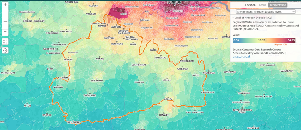 A colour-coded map of England displays estimated Nitrogen Dioxide (NO₂) pollution levels by Lower Super Output Area (LSOA). The map uses a gradient scale to represent NO₂ concentrations, ranging from 0.30 (lowest) to 34.25 (highest) micrograms per cubic metre. A legend is included to indicate the pollution scale, with the lowest 10% and highest 10% values clearly marked.
An orange boundary line outlines a specific region on the map, within which several towns and cities are labelled.
The map visually communicates regional disparities in air pollution across England, highlighting areas with both low and high NO₂ exposure.