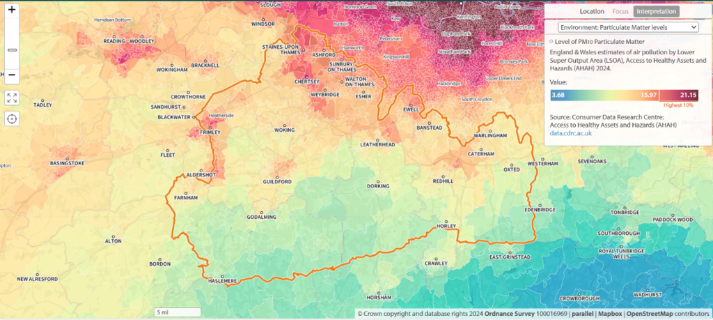 A colour-coded map of England and Wales displays estimated levels of PM₁₀ particulate matter pollution. The map uses a gradient scale ranging from green (low pollution) to red (high pollution), with values spanning from 3.68 (lowest) to 21.15 (highest) micrograms per cubic metre.
Several towns are labelled on the map, including:
Basingstoke
Farnham
Guildford
Horsham
A legend on the right-hand side provides context for the data, indicating that the source is the Consumer Data Research Centre, using the Access to Healthy Assets and Hazards (AHAH) 2024 dataset.
The map visually communicates regional differences in PM₁₀ pollution, highlighting areas with both relatively clean and more polluted air.