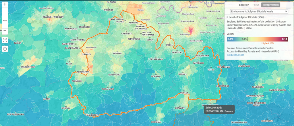 A colour-coded map of England and Wales displays estimated levels of Sulphur Dioxide (SO₂) pollution. The map uses a gradient scale to represent SO₂ concentrations, ranging from 0.19 (lowest) to 8.14 (highest) micrograms per cubic metre.
An orange boundary line outlines a specific area - Surrey. Several towns and cities are marked on the map, including:
Basingstoke
Aldershot
Farnham
Slough
The map visually communicates regional variations in SO₂ pollution, highlighting both cleaner and more polluted areas across the region.
