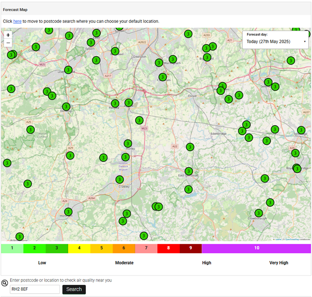 A forecast map displays air quality levels across various locations in the UK for 27th May 2025. The map features green circles with numbers ranging from 1 to 3, indicating low levels of air pollution.
At the bottom of the image is a colour-coded scale ranging from 1 (Low) to 10 (Very High), used to interpret the air quality index. A search bar is also present at the bottom, allowing users to enter a postcode or location to check local air quality. The example postcode shown in the search bar is “RH2 8EF.”
The map provides a visual summary of current air quality conditions, with all marked areas indicating low pollution levels.