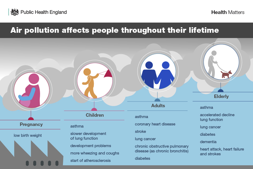 An infographic from Public Health England titled "Health Matters" illustrates the lifetime health impacts of air pollution across four life stages: Pregnancy, Children, Adults, and Elderly. Each stage is represented with a list of associated health conditions linked to air pollution exposure:
Pregnancy:
- Low birth weight
Children:
- Asthma
- Slower development of lung function
- Developmental problems
- Increased wheezing and coughing
- Early onset of atherosclerosis
Adults:
- Asthma
- Coronary heart disease
- Stroke
- Lung cancer
- Chronic obstructive pulmonary disease (COPD), including chronic bronchitis
- Diabetes
Elderly:
- Asthma
- Accelerated decline in lung function
- Lung cancer
- Diabetes
- Dementia
- Heart attack, heart failure, and strokes
The image emphasises that air pollution is a lifelong health threat, affecting people from before birth through old age.
