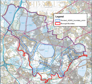 A detailed map illustrates the boundaries of a borough and an Air Quality Management Area (AQMA). The borough boundary is marked with a red outline, encompassing a wide area that includes urban zones, road networks, and bodies of water. Within this red boundary, several regions are shaded with blue diagonal lines, denoting the "Revised AQMA boundary union." These AQMA zones are distributed across the borough and include both land and water features. A legend located in the top right corner clarifies the colour coding and boundary types. The map is designed to clearly differentiate between the general borough area and the specific zones where air quality is being monitored and managed.