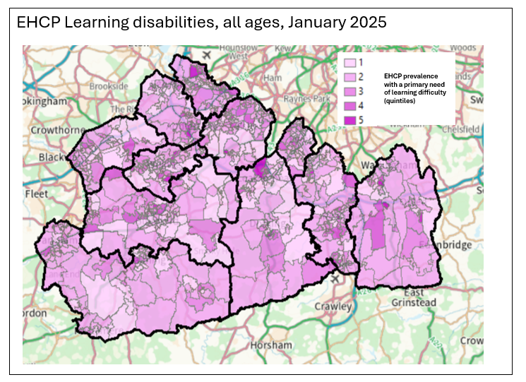This map shows Surrey broken down into LSOAs and the colours on the map represent the prevalence of EHCP with a primary need of learning difficulty in quintiles.
Most LSOAs have value of around 2 or 3 with only 4 LSOAs having a value of 5.
The southern areas have the lower figures and the ones more to the north tend to have higher values.