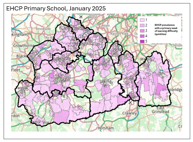 This map shows the number of primary school children with a primary need of learning difficulty by LSOA.
About a third of the map does not have a colour as there aren't any children with an EHCP.