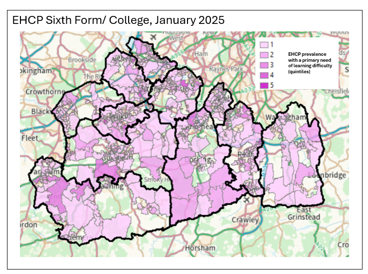 This map shows the number of sixth form or college school children with an EHCP with a primary need of learning difficulty.
Around a third of LSOAs do not have any children with an EHCP.
The majority of the LSOAs fall into the first or second quintile.